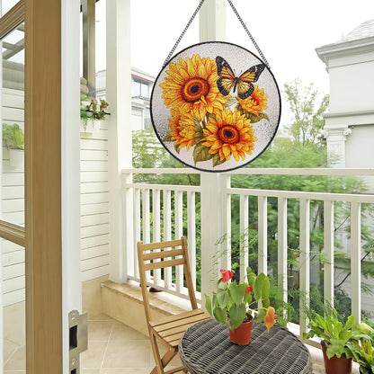 9.8'' Sunflower Butterfly Suncatcher Hanging Stained Glass Window Decor, Flowers Bush Butterfly Sun