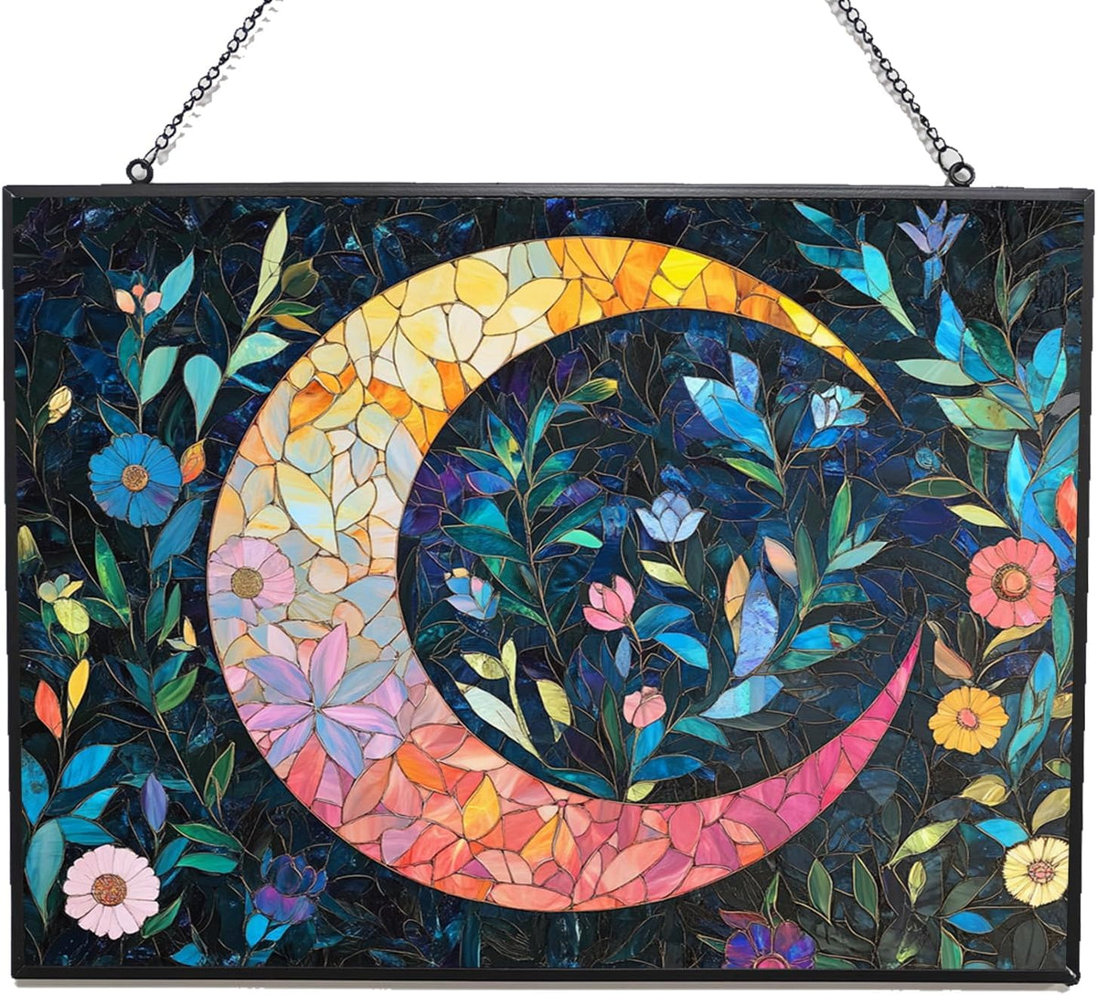 Personalized Rectangle Boho Crescent Moon Florals Stained Glass Window Hanging, Stained Glass