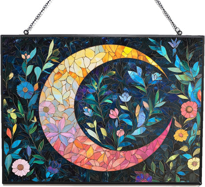 Personalized Rectangle Boho Crescent Moon Florals Stained Glass Window Hanging, Stained Glass