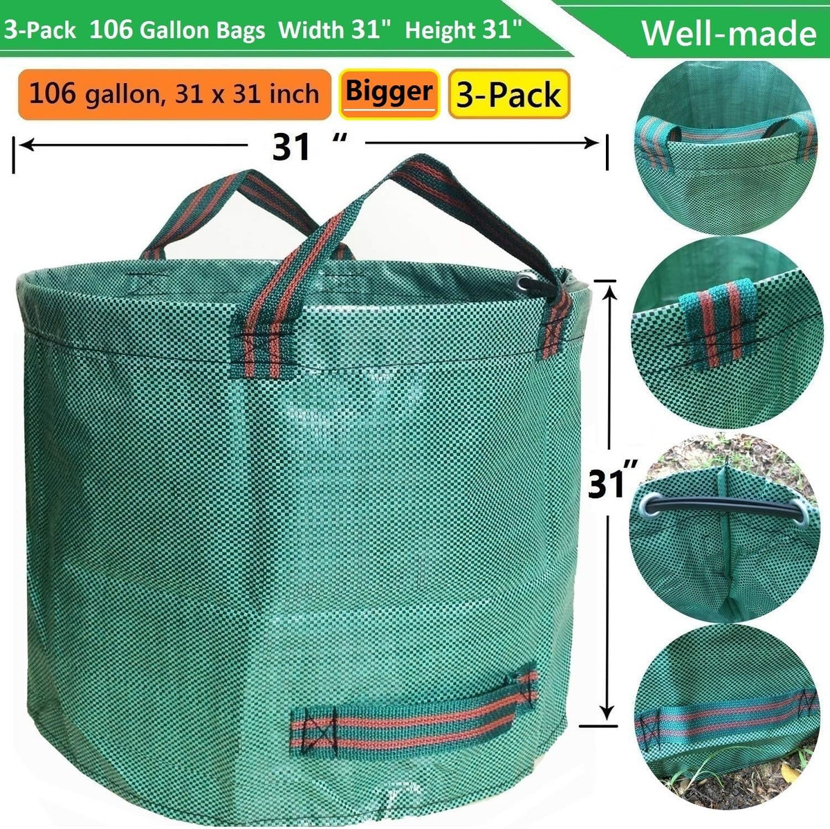 Professional 3-Pack 106 Gallons Lawn Garden Bags (D31, H31 inches) Reusable Yard Leaf Waste Bags