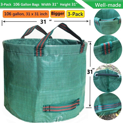 Professional 3-Pack 106 Gallons Lawn Garden Bags (D31, H31 inches) Reusable Yard Leaf Waste Bags