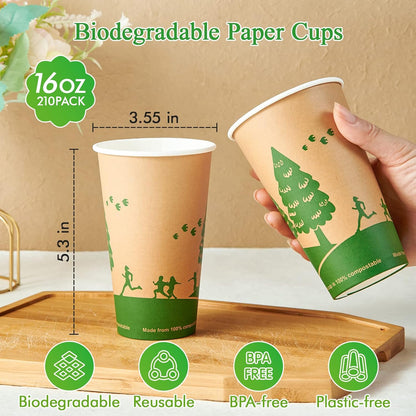 ECOLipak 210 Count 16 oz Paper Cups, 100% Compostable Paper Coffee Cups with PLA Lined, Disposable