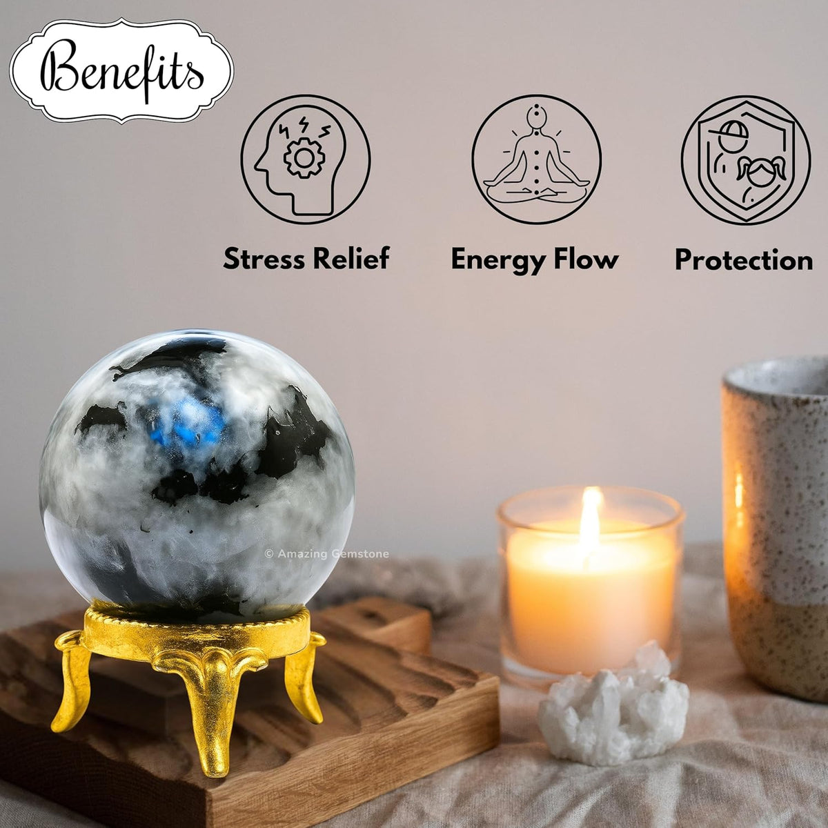 Amazing Gemstone Rainbow Moonstone Crystal Ball with Stand - 2 Inches Crystal Sphere Meditation