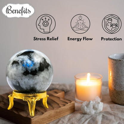 Amazing Gemstone Rainbow Moonstone Crystal Ball with Stand - 2 Inches Crystal Sphere Meditation