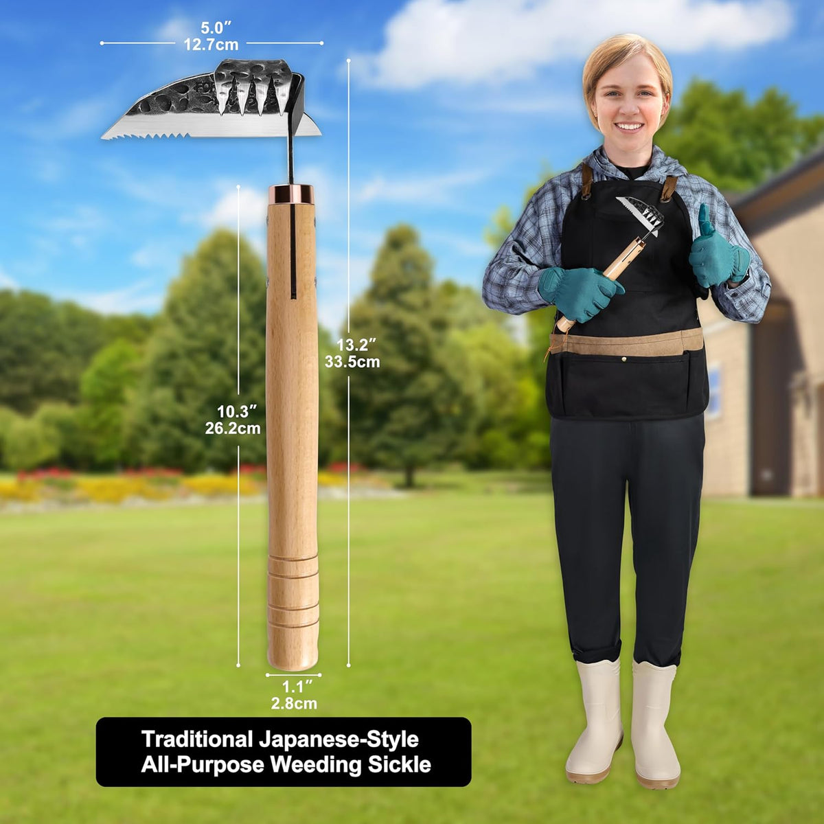 AON All-Purpose Japanese Weeding Sickle & Razor Hand Hoe, Forged Steel Weed Puller Tool with Sharp