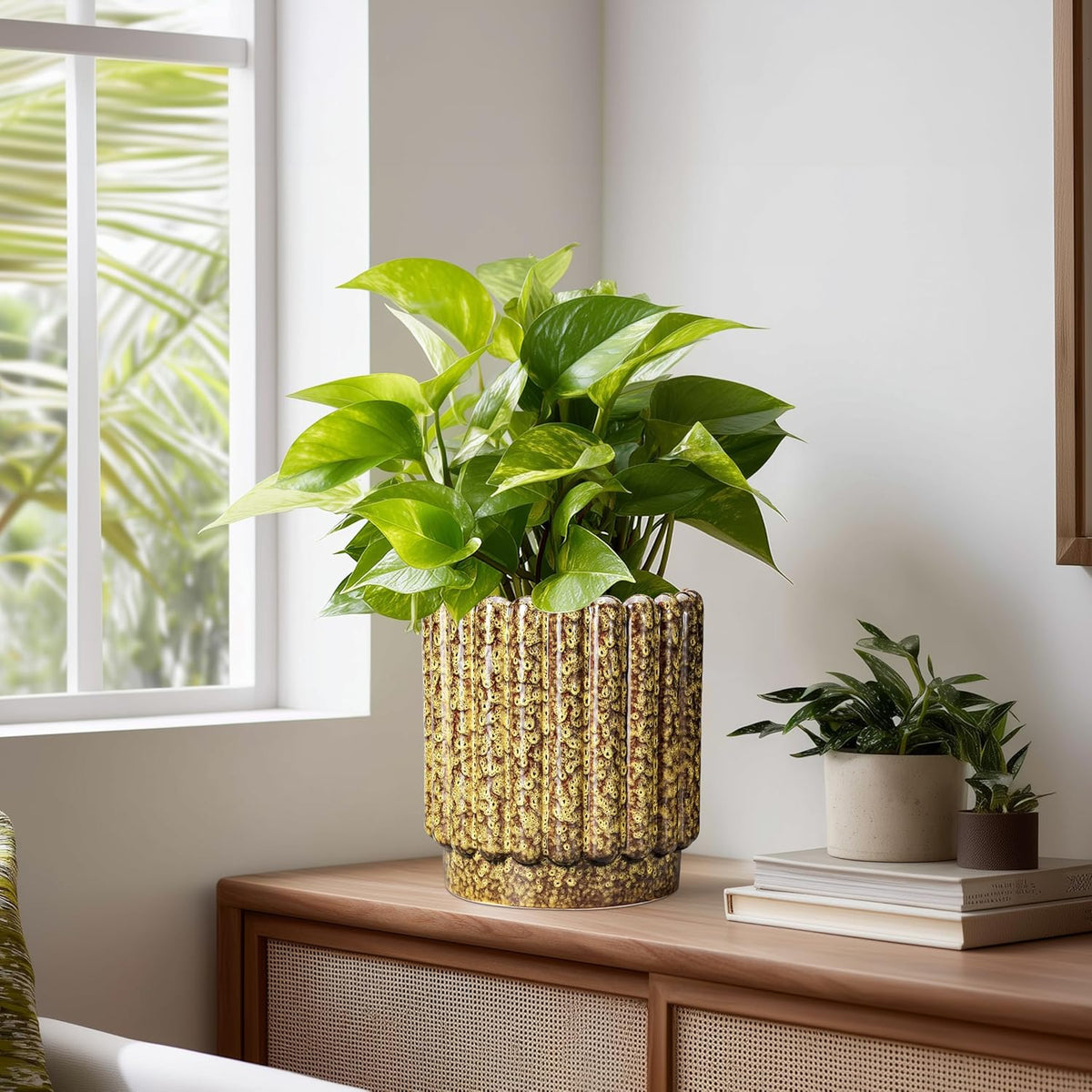 Ceramic Planter - 7.6 Inch Ceramic Plant Pots Indoor, Round Flower Pots with Drainage Hole, Fluted