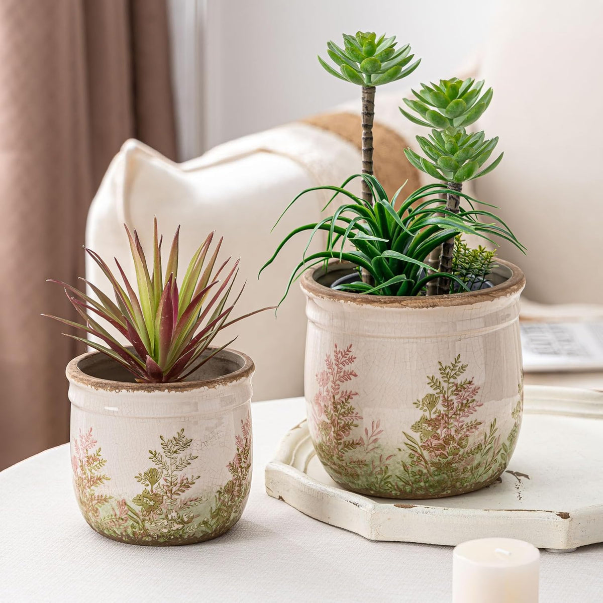 Vintage Pink and Green Ceramic Planter Set of 2, 4.7+5.7 Inch Rustic Flower Pots for Indoor Plants