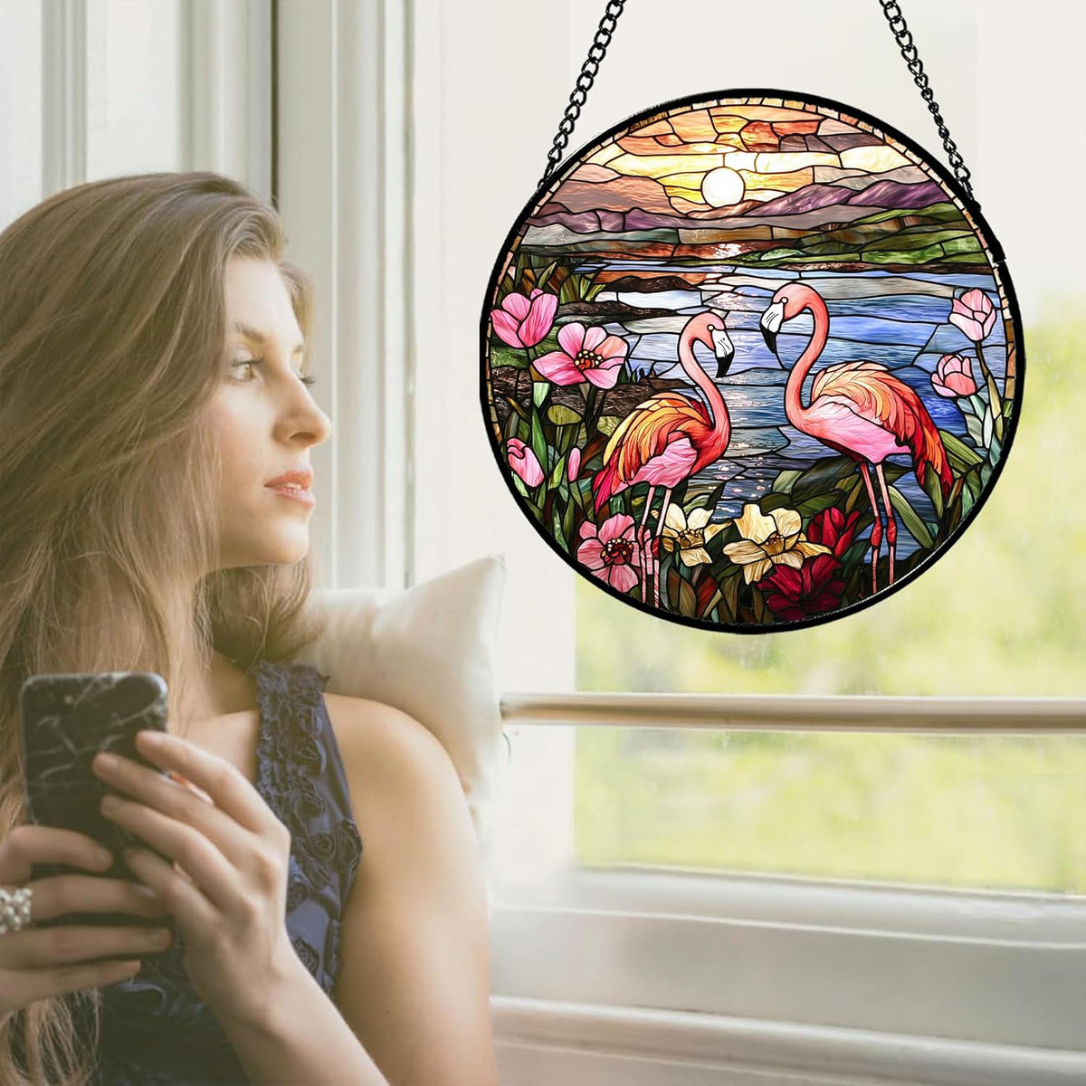 Stained Glass Window Hanging - Flamingo Wildflowers Landscape Suncatcher for Door Terrace Garden
