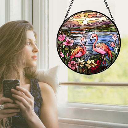 Stained Glass Window Hanging - Flamingo Wildflowers Landscape Suncatcher for Door Terrace Garden