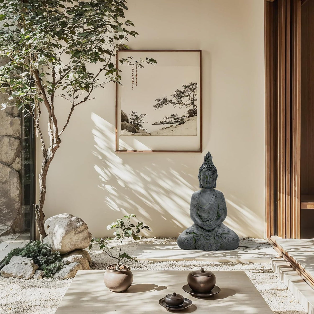 LuxenHome Large Buddha Statue Outdoor and Indoor, 22" Fiber Stone Meditating Buddhas Garden Statues