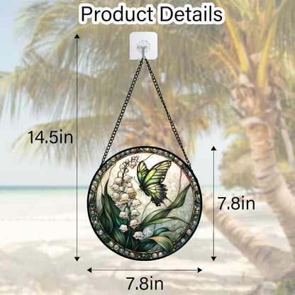 Stained Glass Window Hanging, Lily of The Valley Flower Butterfly Suncatcher for Doors Home Sun