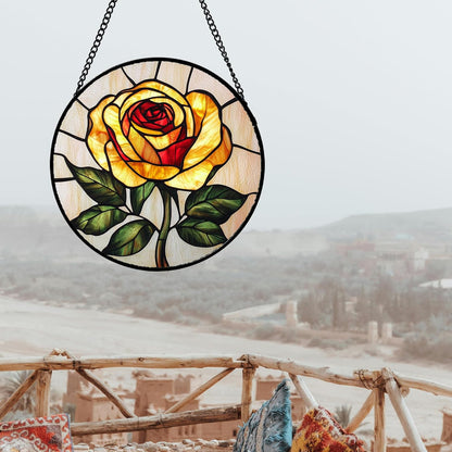 Stained Glass Window Hanging - Elegant Yellow Rose Flower Sun Catcher for Door Garden Home Decor