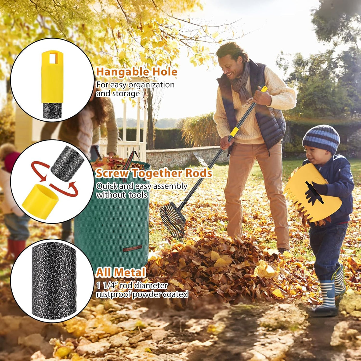 Rake for Leaves: Large 18" Wide Metal Leaf Rake, 65” Long Handle,25 Tines,Heavy Duty Graden Rakes