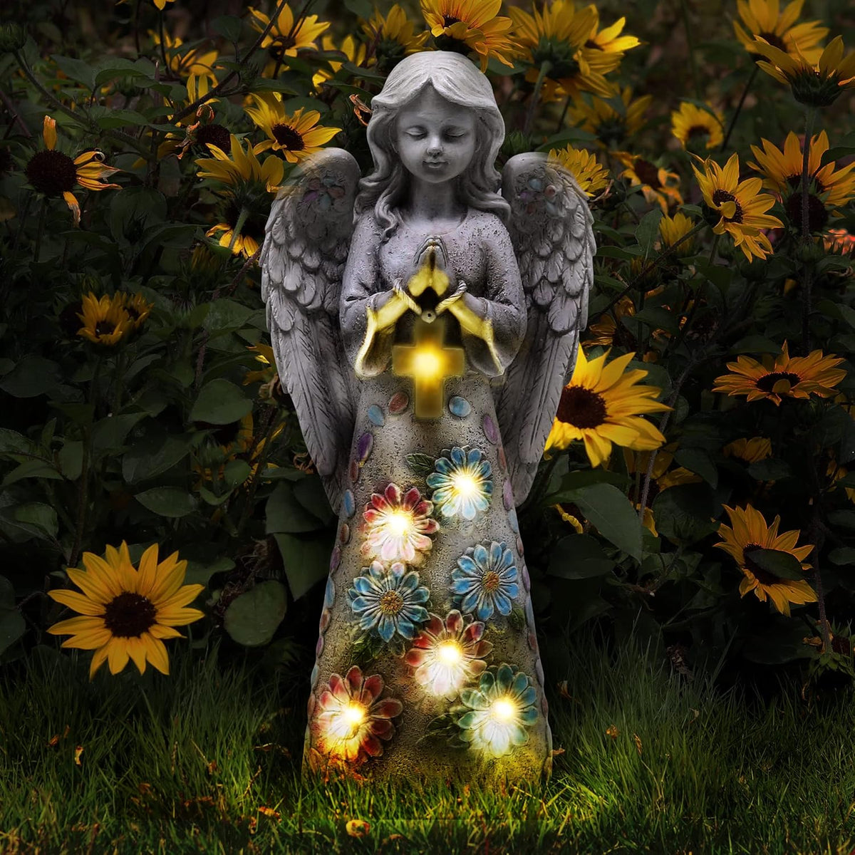 Angel Garden Figurine Outdoor Statue, Solar Garden Sculpture with 7 LEDs Welcome Sign Resin Praying