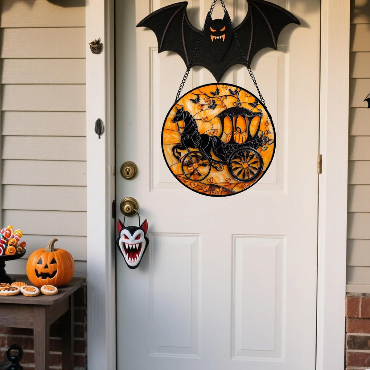 Stained Glass Window Hanging - Halloween Pumpkin Carriage Suncatcher for Doors Window Garden Indoor