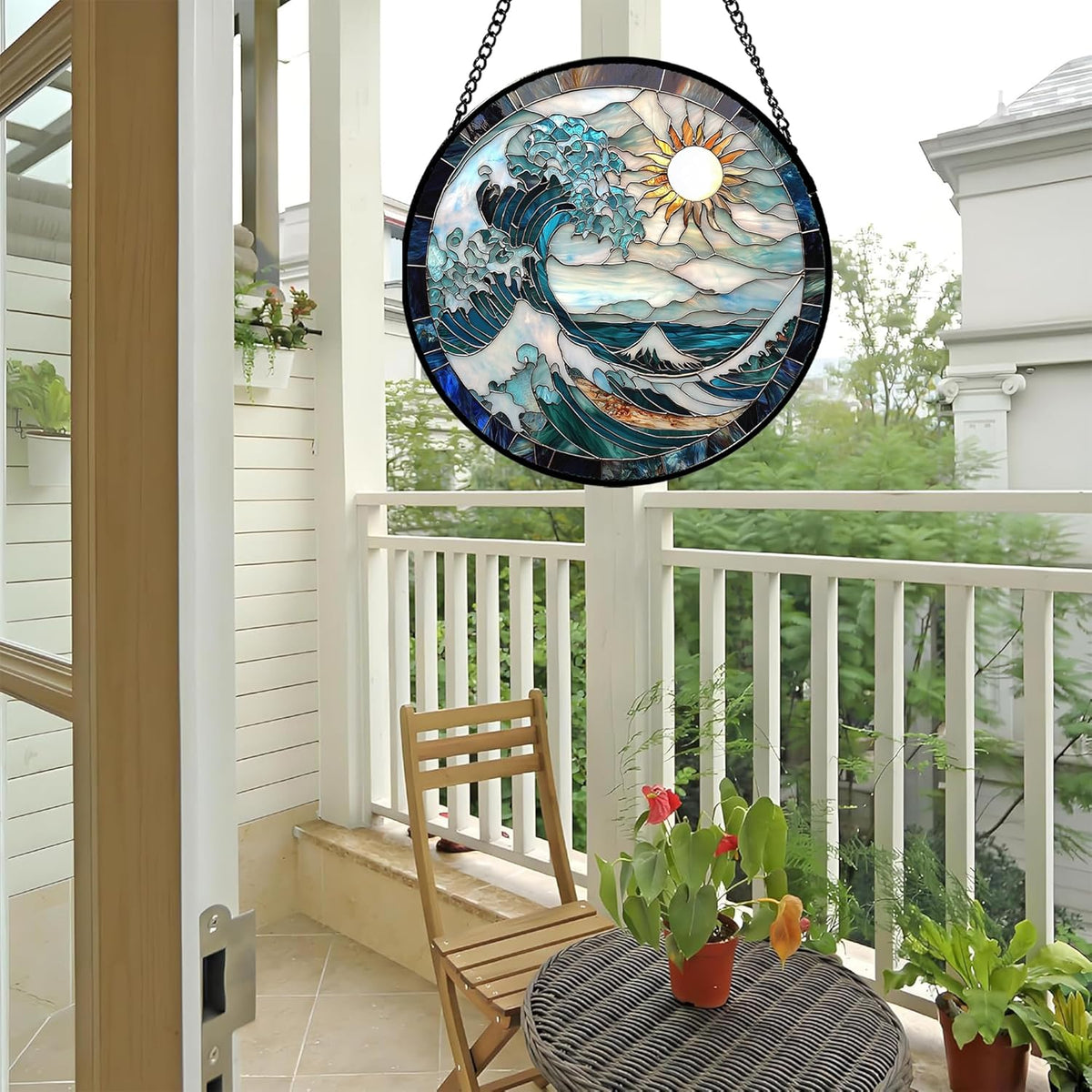 Stained Glass Window Hanging - White Sun Big Wave Suncatcher for Door Terrace Garden Home Decor