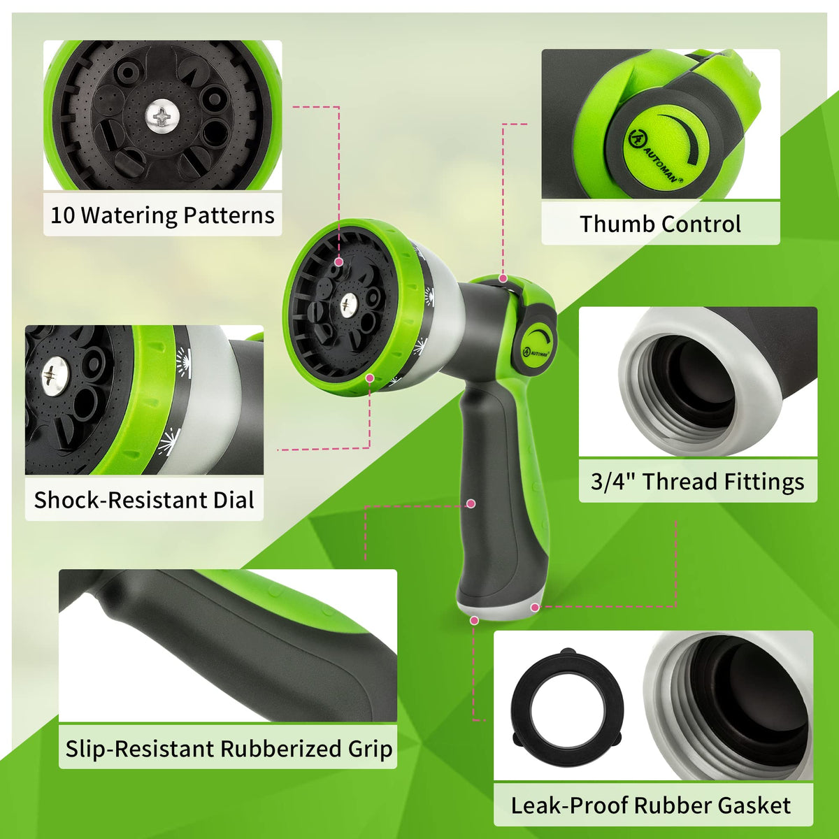 AUTOMAN Garden Hose Nozzle Sprayer - 10 Spray Patterns, Thumb Control On Off Valve, Durable Water