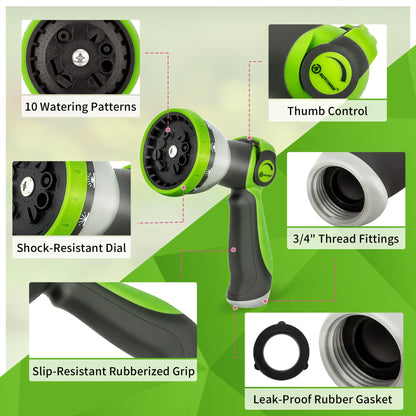 AUTOMAN Garden Hose Nozzle Sprayer - 10 Spray Patterns, Thumb Control On Off Valve, Durable Water