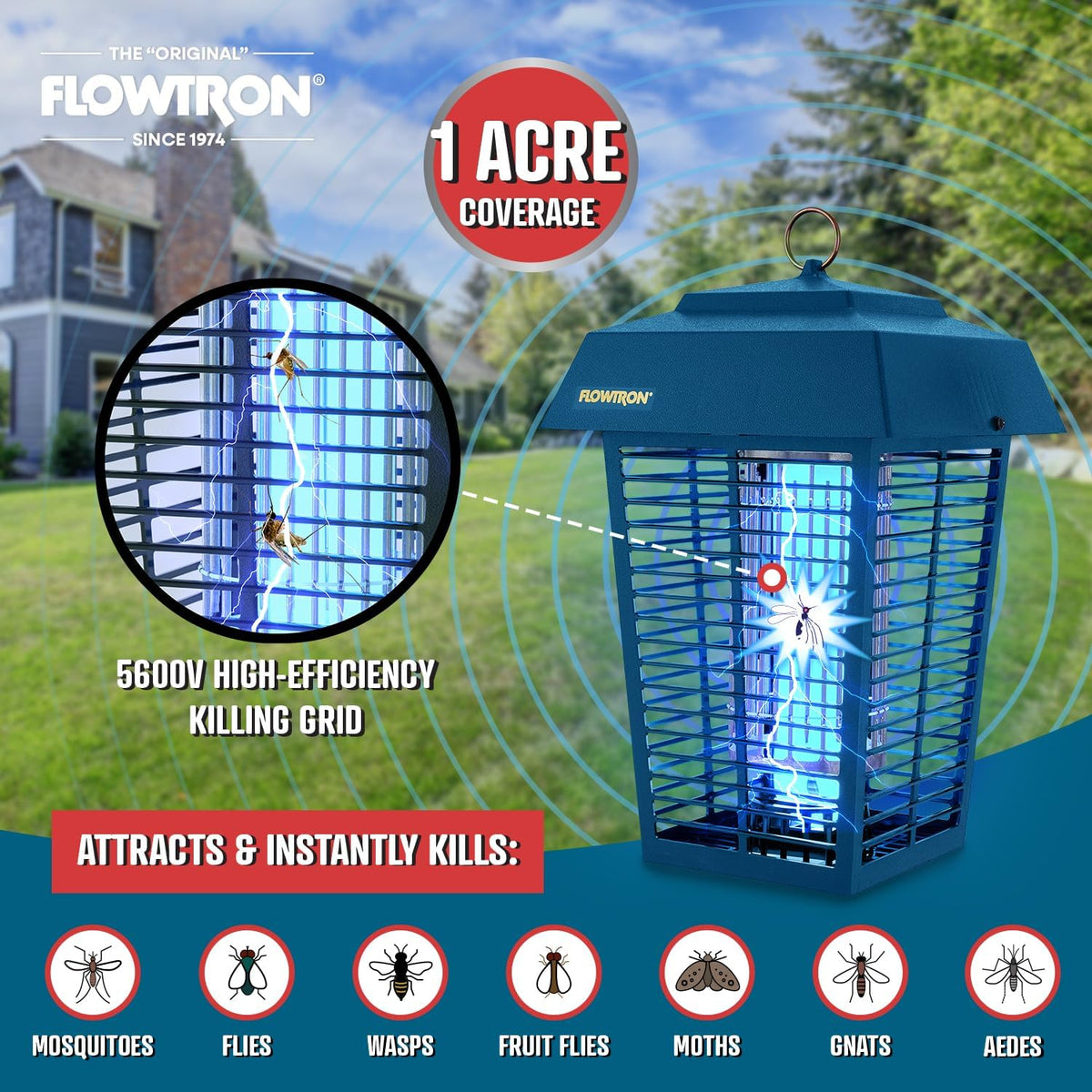 Flowtron Bug Zapper, 1 Acre of Outdoor Coverage with Powerful 40W Bulb & 5600V Instant Killing
