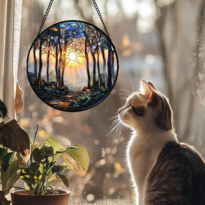 Stained Glass Window Hanging, Forest Sunrise Smoke Blue Brown Tree Suncatcher for Doors Window Home