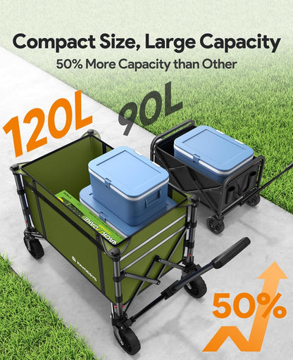 Collapsible Wagon Cart with Wheels 220lbs Foldable Wagon 120L Shopping Cart for Groceries Folding