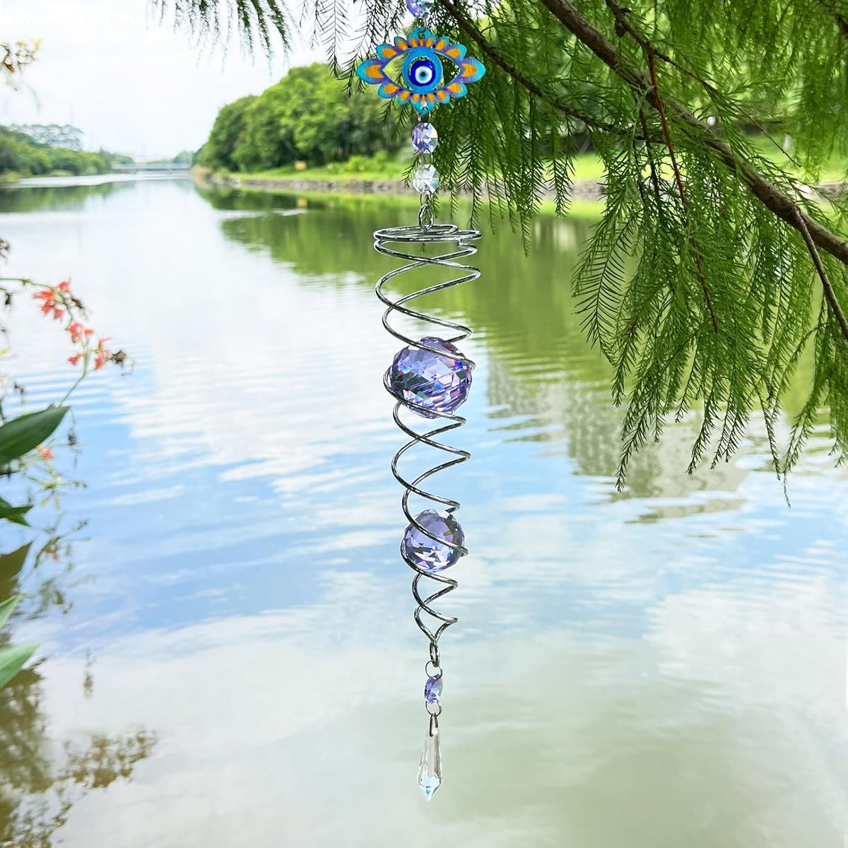 FONMY Evil Eye Gazing Ball Spiral Tail Wind Spinner Sun Catcher Rainbow Maker Silver Spiral