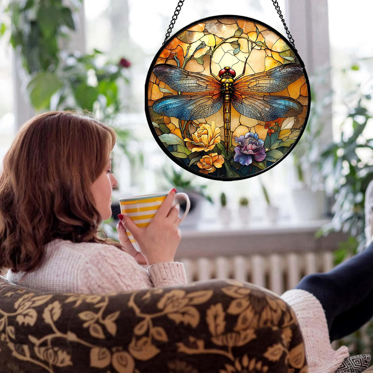 Stained Glass Window Hanging - Orange Blue Dragonfly Flower Suncatcher for Doors Window Home Sun