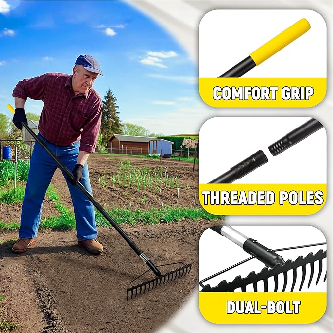 Bow Rake, 68-Inch Adjustable Handle Garden Rake with 17 Steel Tines, Heavy Duty Dual-Sided Metal