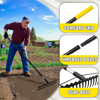 Bow Rake, 68-Inch Adjustable Handle Garden Rake with 17 Steel Tines, Heavy Duty Dual-Sided Metal