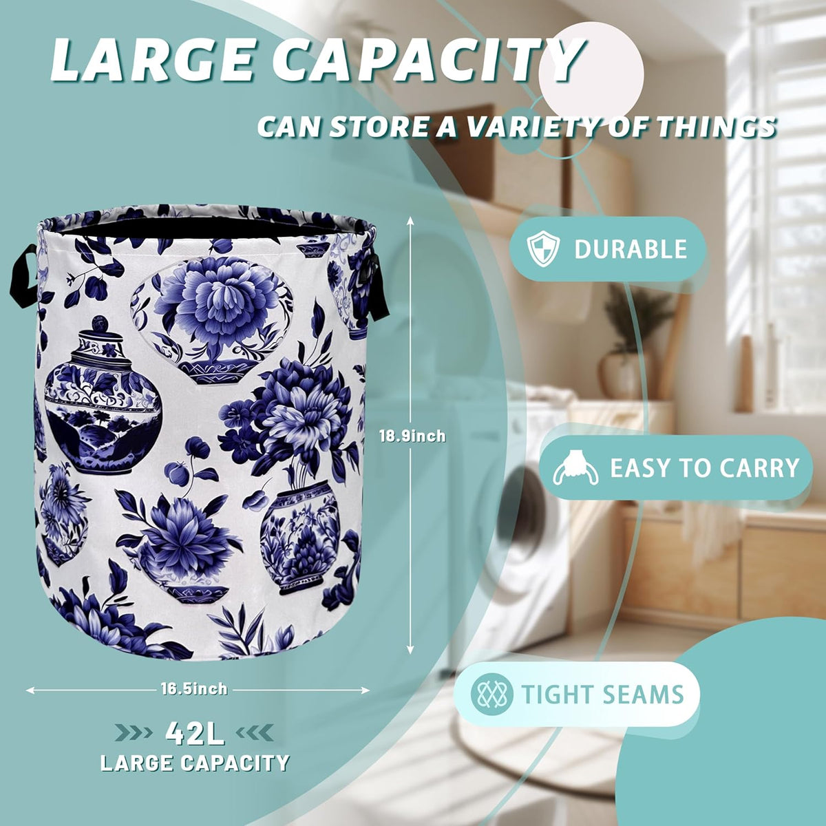 Blue White Floral Laundry Basket Foldable With Handles Vase Flower Tote Bag Oxford Cloth Color