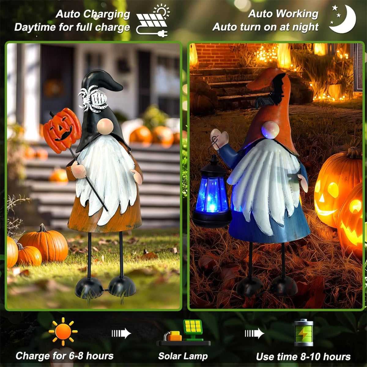 HONGLAND Halloween Decorations Outdoor Solar Gnomes with LED Lantern, Gnomes Metal Yard Art
