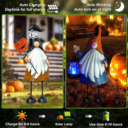 HONGLAND Halloween Decorations Outdoor Solar Gnomes with LED Lantern, Gnomes Metal Yard Art