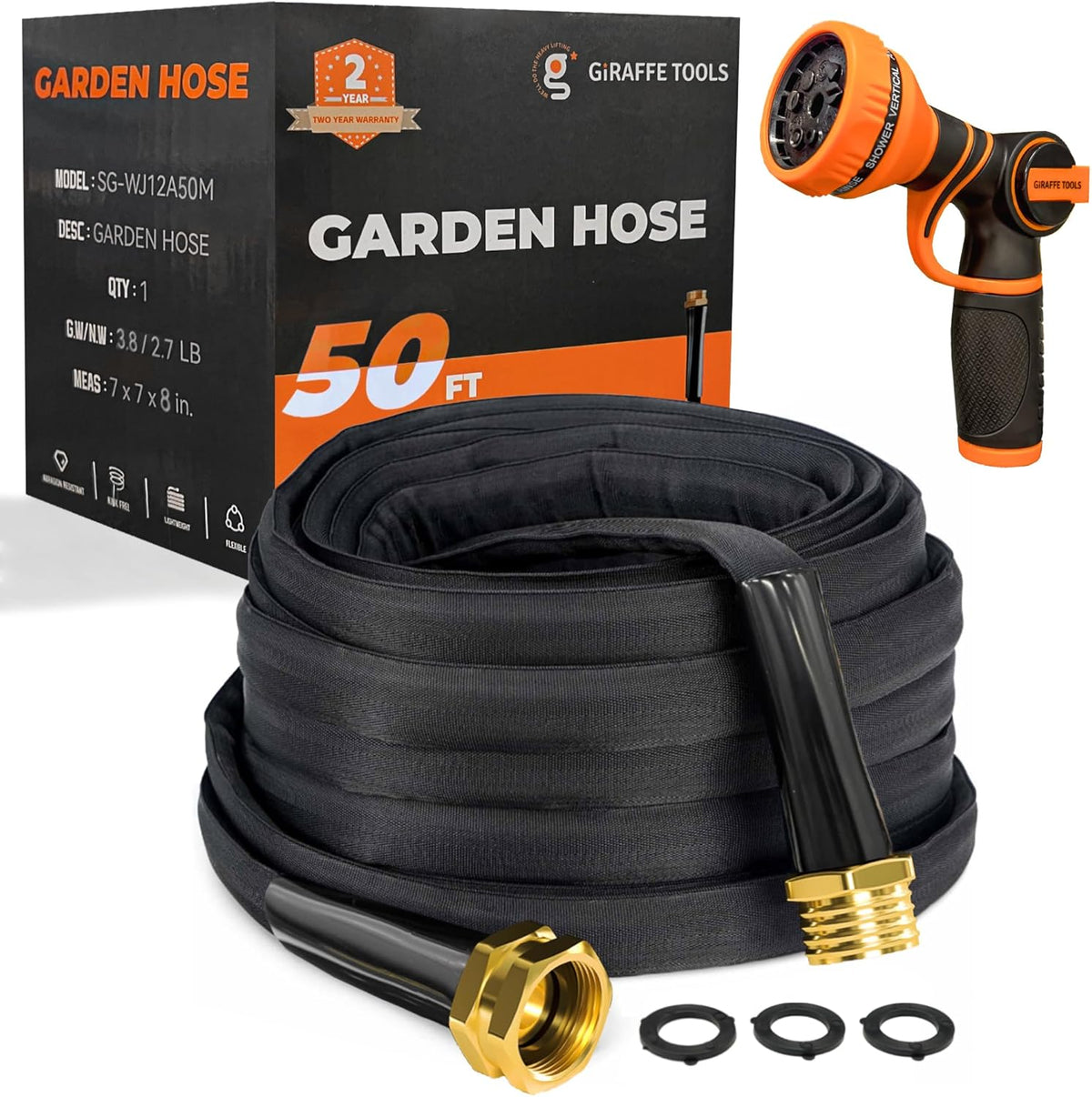 Giraffe Tools Garden Hose 50FT Lightweight Lay Flat Water Hose Kink Free Flexible Hose with 9 Spray