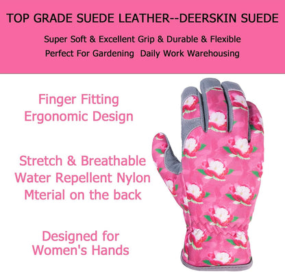 SKYDEER Premium Genuine Deerskin Suede Women's Gardening Gloves, Ultra-Soft Padded, Comfort Fit for