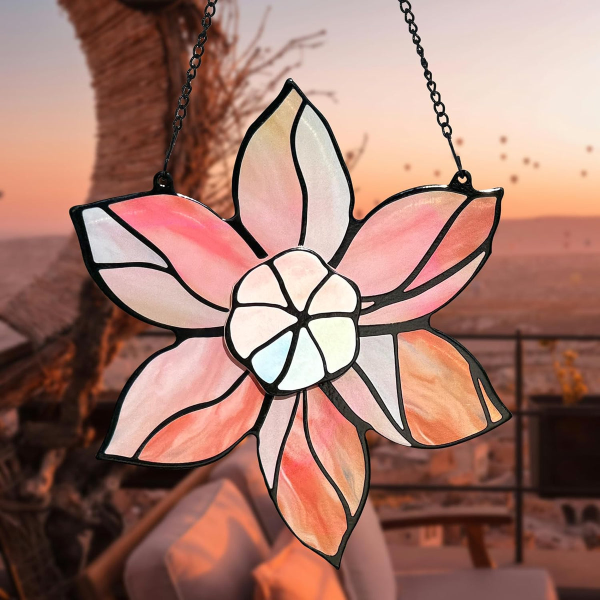 Stained Glass Window Hanging - Pink Flowers Suncatchers for Windows Hanging Floral Sun Catcher for