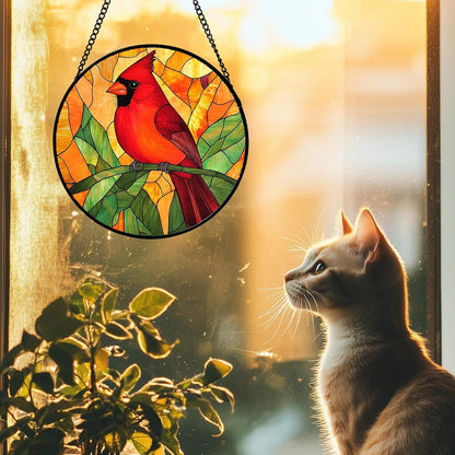 Stained Glass Window Hanging 4 Pcs Set Birds Large 15" - Cardinal Blue Jay Suncatcher Door Garden