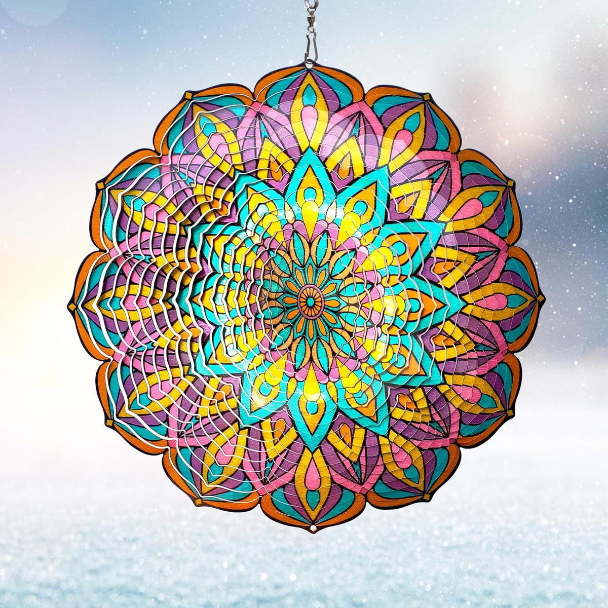 Mandala Wind Spinner - Purple Tulip Design | 12 Inch Stainless Steel Hanging Wind Sculpture &