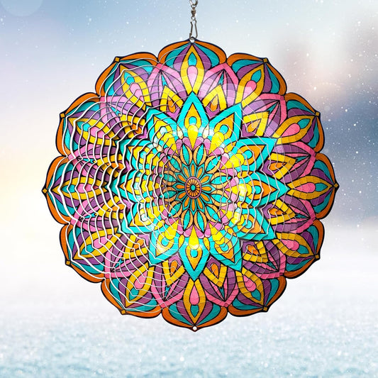 Mandala Wind Spinner - Purple Tulip Design | 12 Inch Stainless Steel Hanging Wind Sculpture &