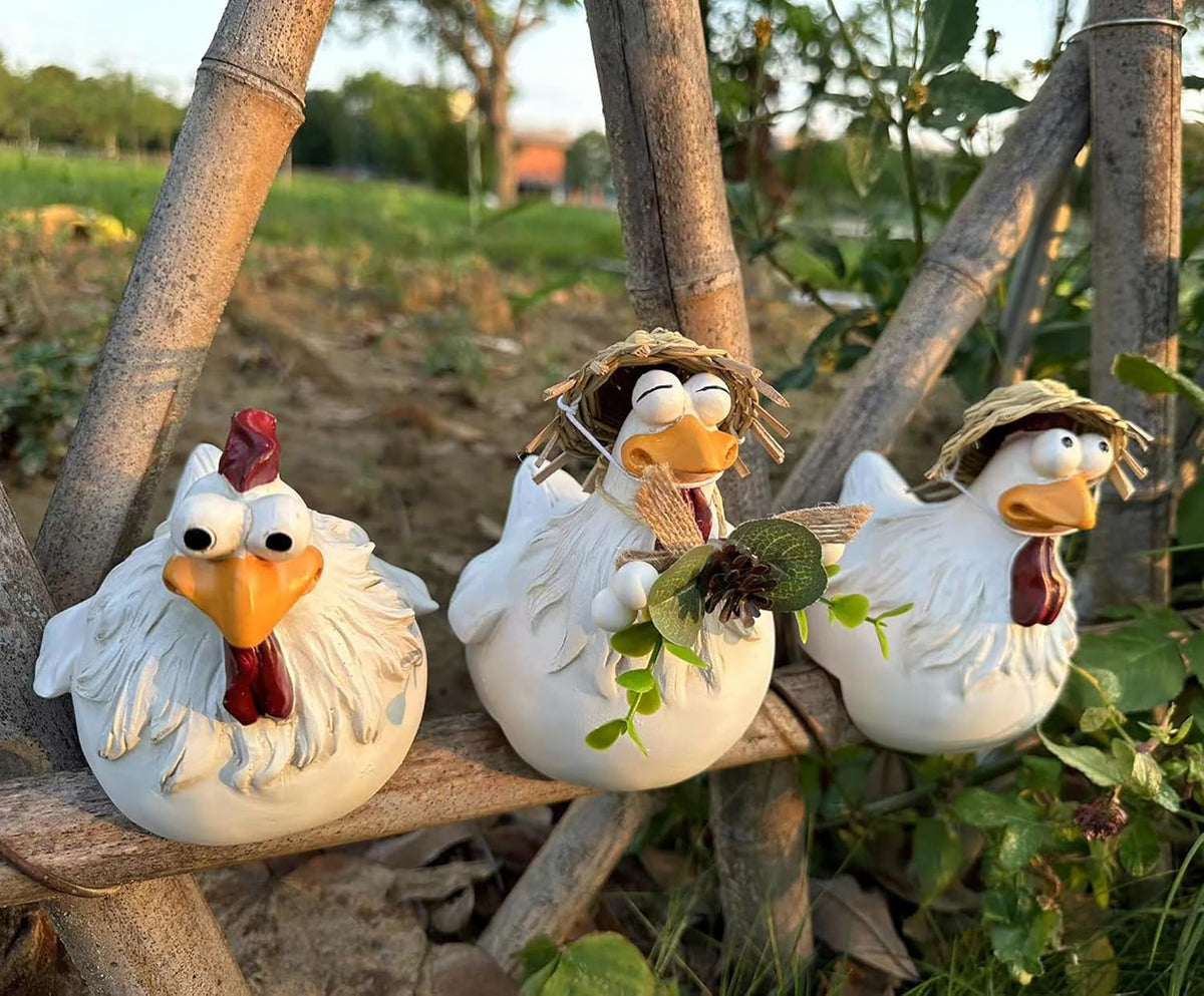 Funny Farm Chickens Statues,Chicken Fence Decoration,Resin Cute Chickens Decor,Outdoor Real Animal