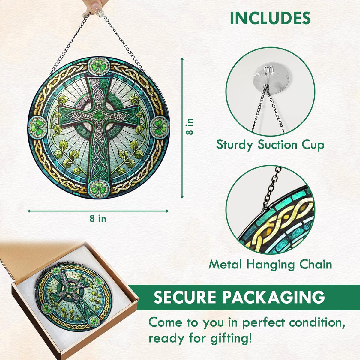 FLAGWIX Christmas Irish Gifts for Women Men - 100% Stained Glass Hanging Suncatcher 8 in - Birthday