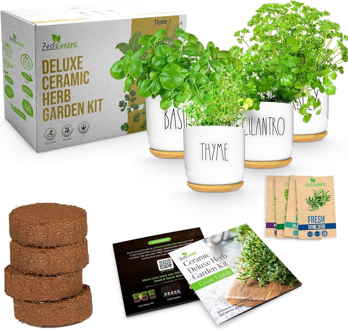 Deluxe Ceramic Indoor Herb Kit 4 Set. Variety Herbs for Indoor & Outdoor – Get Growing with Pots