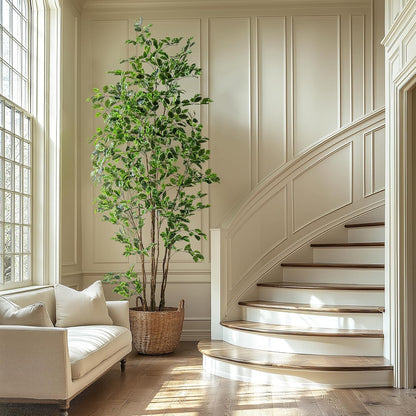 Artificial Ficus Tree Indoor 8ft, Large Potted Faux Tree with Realistic Silk Leaves & Trunk for
