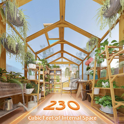 Jocisland 6x8x6.5 Ft Wooden Greenhouse, Pre-Assembled Solid Cedar Frame, Walk-in Design, Lockable