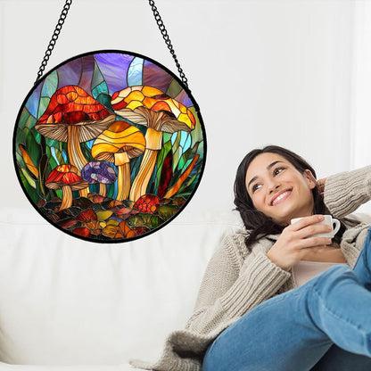 Stained Glass Window Hanging, Jungle Mushrooms Sun Catchers Diamond Glass Panel Hangings Plant