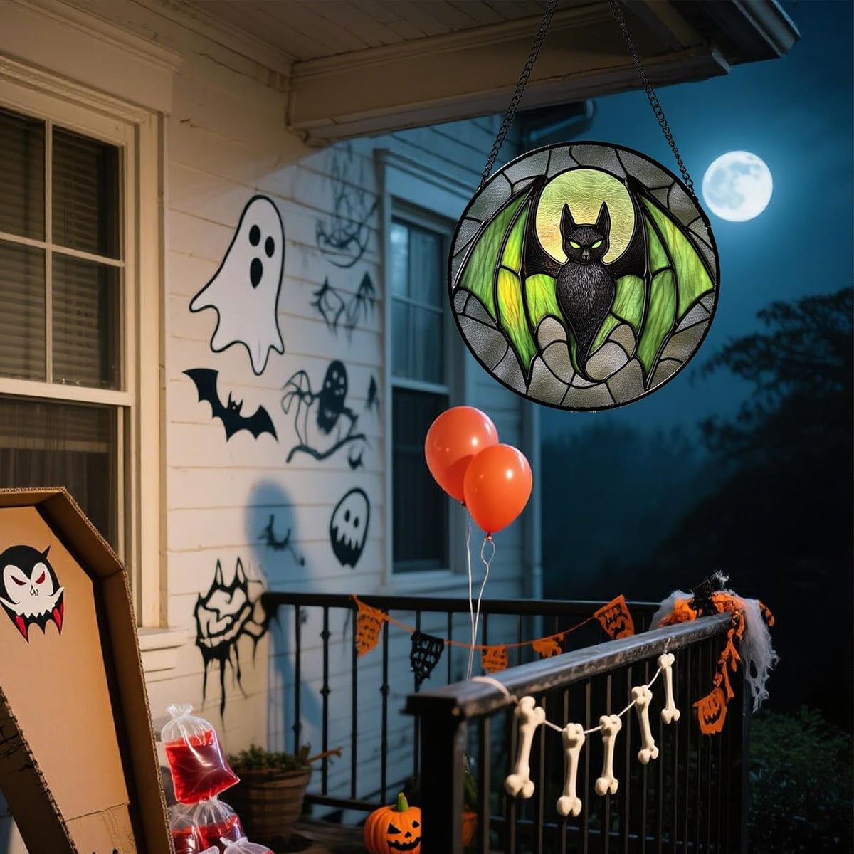 Stained Glass Window Hanging - Halloween Black Bat Green Wings Monster Suncatcher for Doors Garden