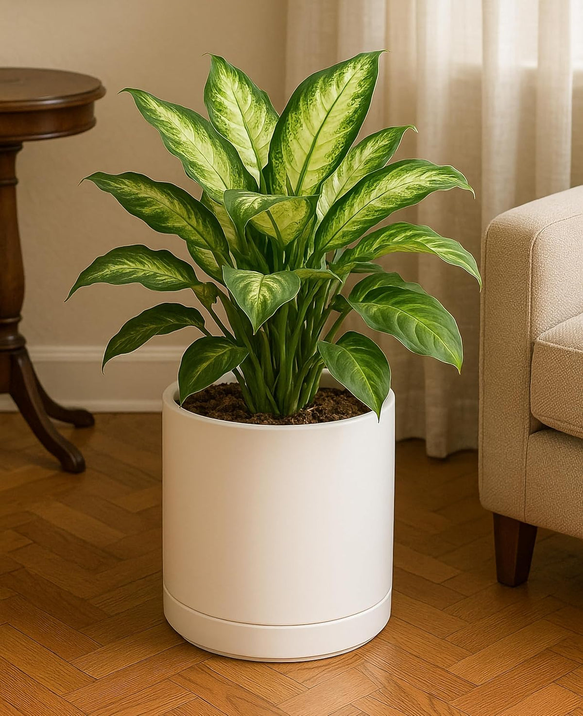 D'vine Dev 10 Inch Ceramic Planter Pot with Drainage Hole and Saucer, Indoor Cylinder Round Planter