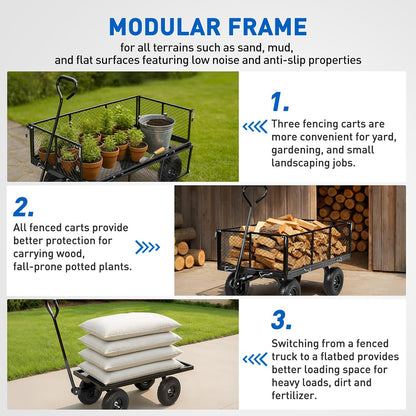 Yesker Steel Garden Carts - 1100lbs Dump Wagon with All Terrain Inflatable Wheels for Yard Lawn