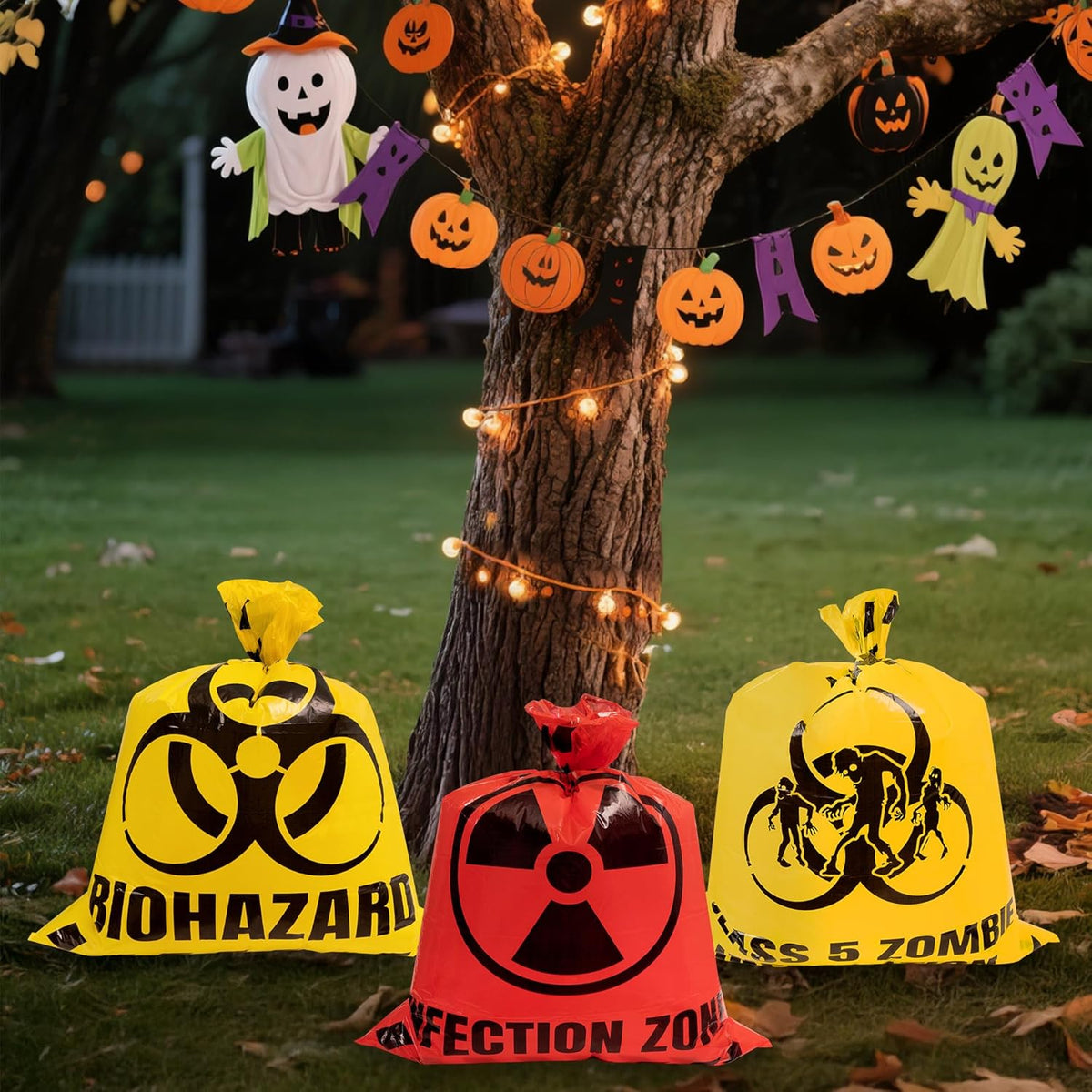CNhoqc Halloween Lawn Trash Bags - 6Pcs Zombie Warning Reusable Waste Bags with Twist Ties, Fallen
