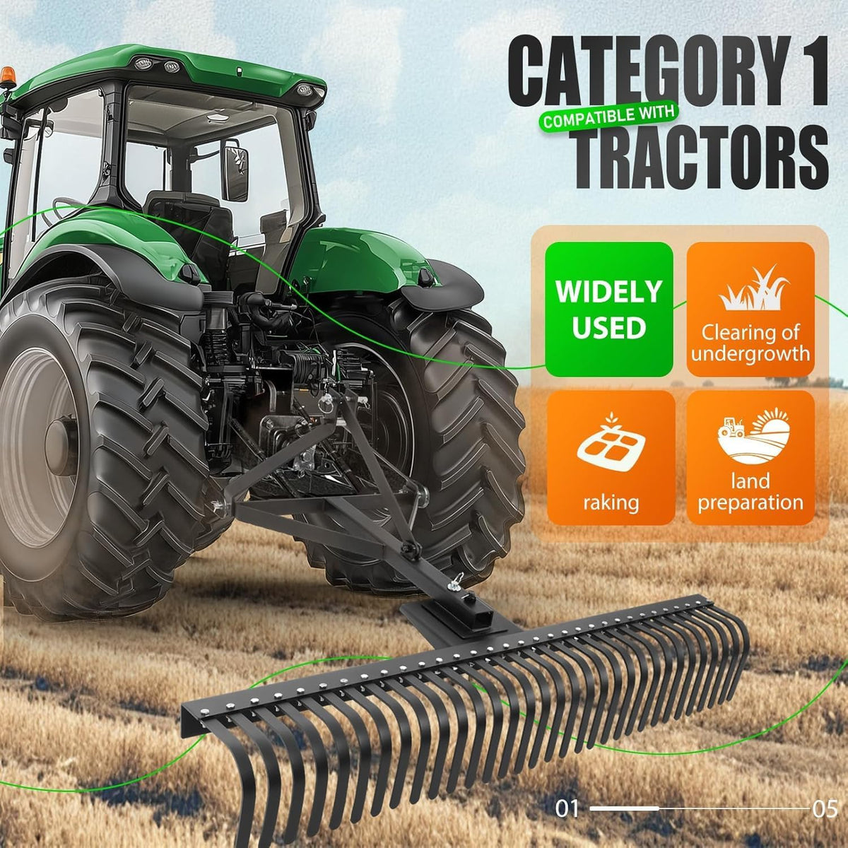 KUAFU 60" Landscape Rake, 3 Point Rake 360 Rotation Compatible with Category 1 Cat1 Compact