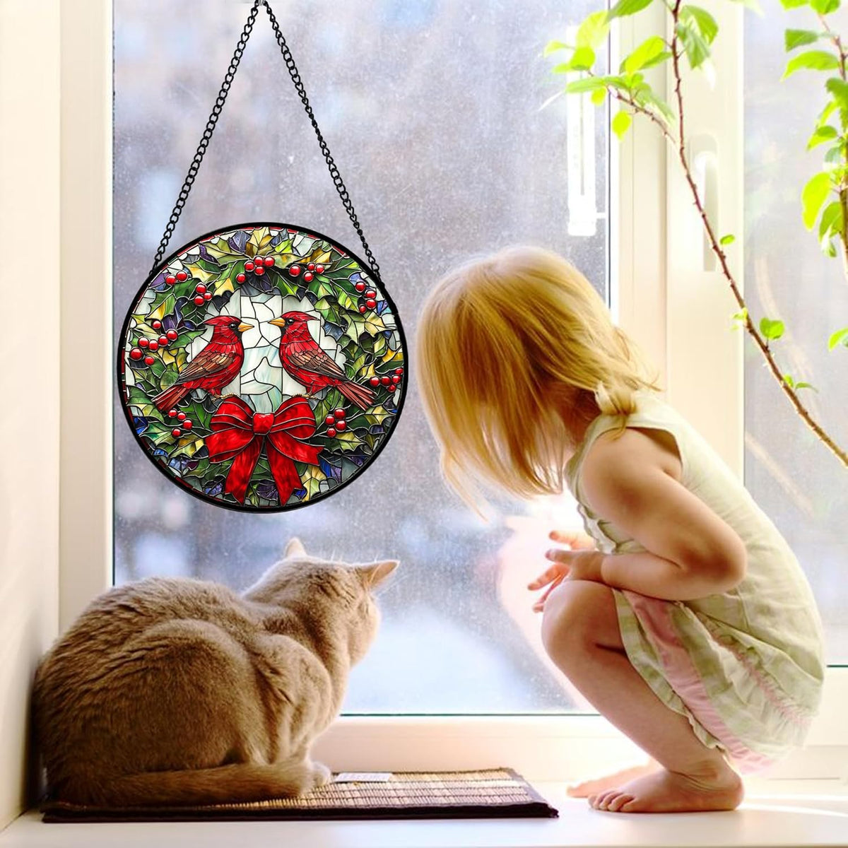 Stained Glass Window Hanging - Cardinals Green Wreath Suncatcher for Doors Home Christmas